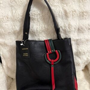 Vegan Black Shoulder Bag with Red & Green Accent Strap